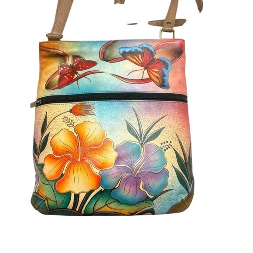 Anuschka painted leather messenger bag floral with butterflies
